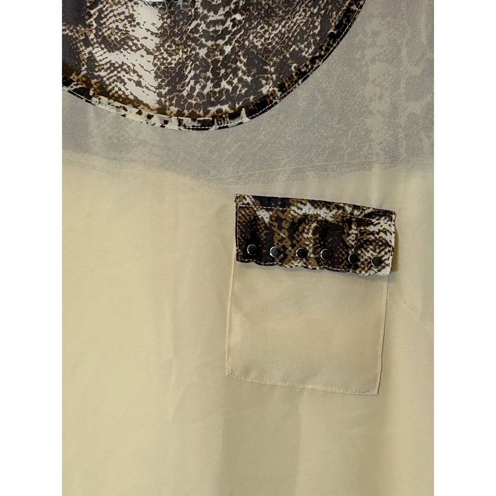 Beautiful‎ Sheer Tank Top Edge L Cream and Snakeskin Print Embellished Pocket - Picture 2 of 6